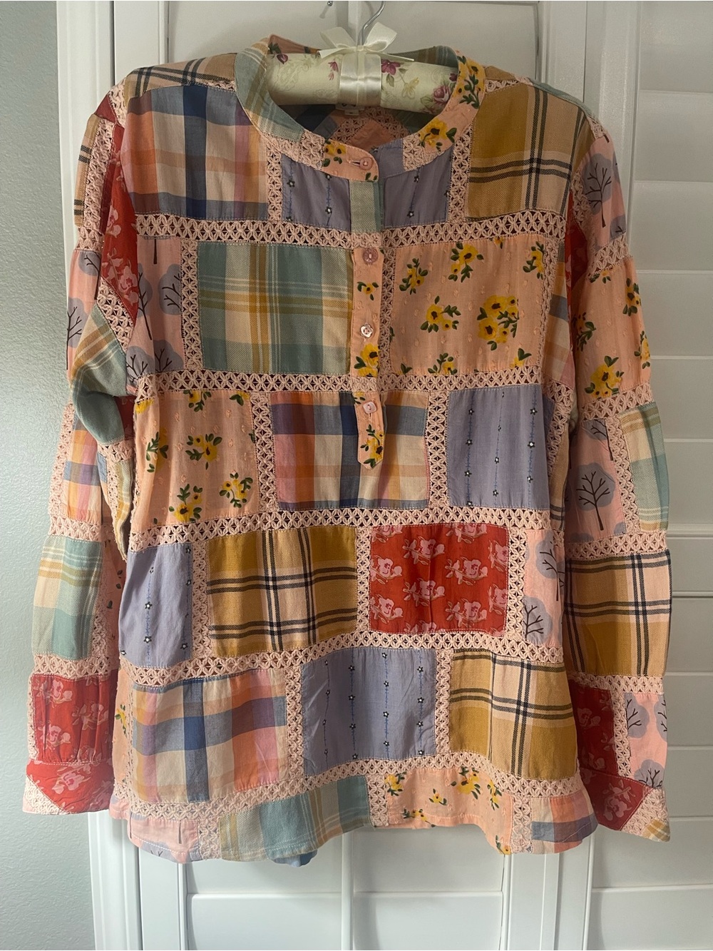 ivy jane Patchwork Button-Down Blouse in Pink, Yellow, Blue & Red